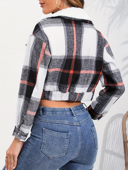 Button Plaid Faux Fur Collar Jacket, Casual Long Sleeve Crop Jacket For Fall & Winter, Women's Clothing
