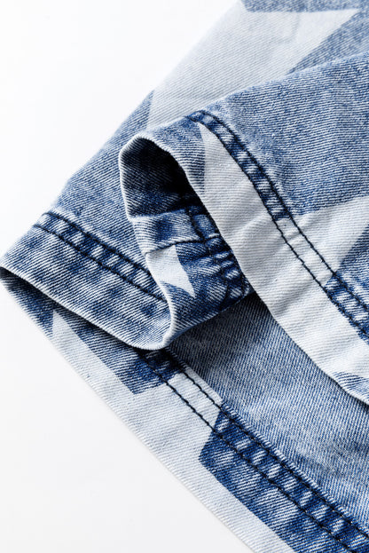 Light Blue Star Print Light Wash Drawstring Elastic Waistband Wide Leg Jeans