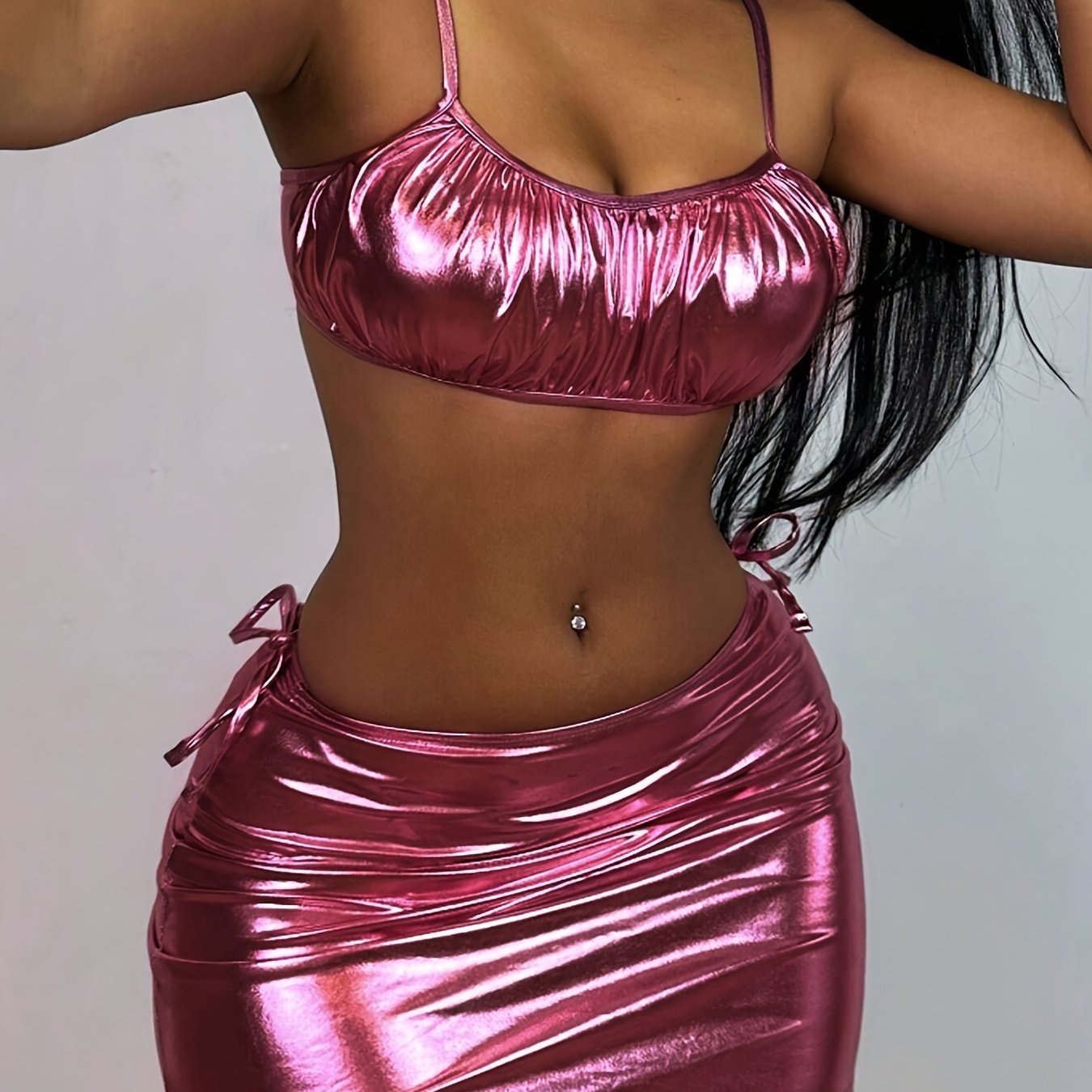 Women's Sexy 3-Piece Metallic Bikini Set, Glitter Fabric, Ruched Front Top & High Cut Bottom With Cover Up Skirt, Women's Swimwear