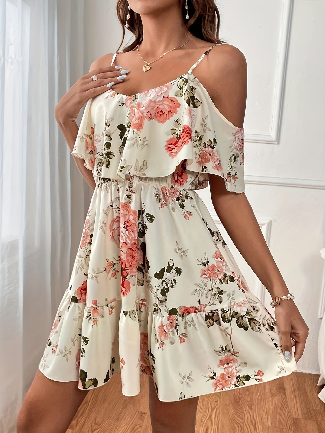 Floral Print Cold Shoulder Dress, Casual Ruffle Trim Dress For Spring & Summer, Women's Clothing