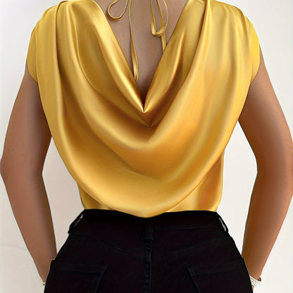 Solid Color Crew Neck Blouse, Elegant Short Sleeve Draped Tie Back Blouse For Spring & Summer, Women's Clothing