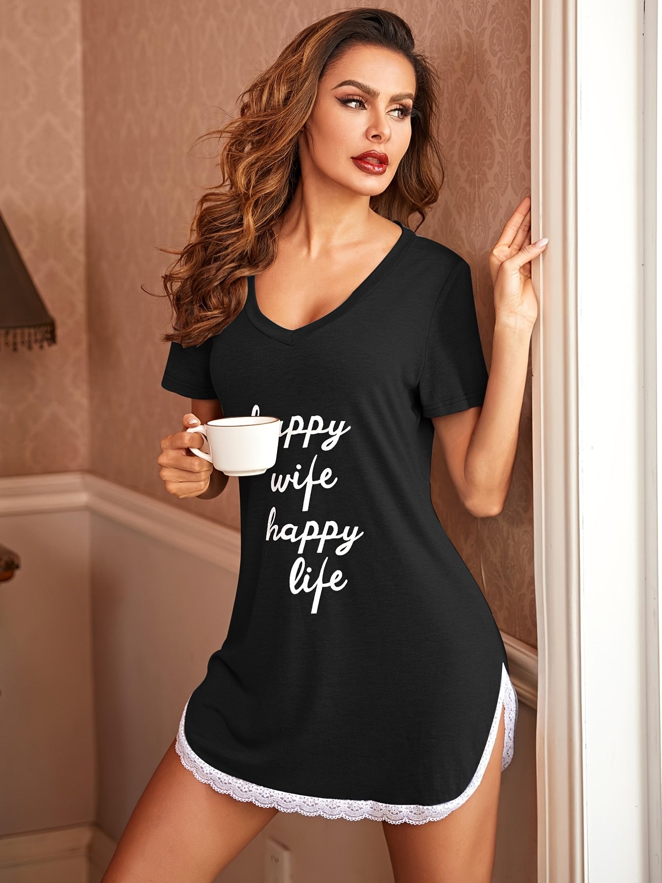 [Sexy Nightgown] Soft Gray V-Neck Nightgown | Women's Sexy Letter Print with Lace Trim - "Happy Wife Happy Life" Design, Comfortable Home Wear, Cozy Sleepwear, Playful Design