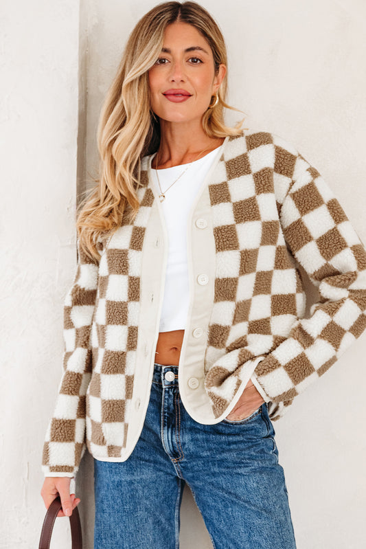 Brown Checkered Sherpa Buttoned Front Chunky Jacket