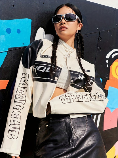 Stylish Faux Leather Long Sleeve Crop Jacket with Letter Print Button Front - Women's Fashion Outerwear for Chic Look - Faux Leather