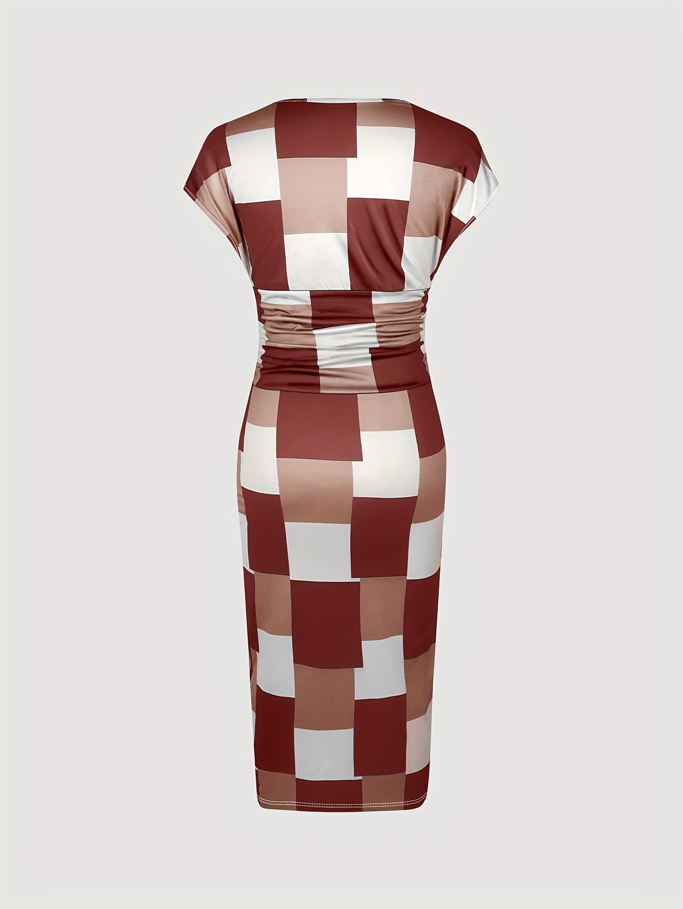 Patchwork Print V Neck Dress, Elegant Short Sleeve Dress For Spring & Summer, Women's Clothing