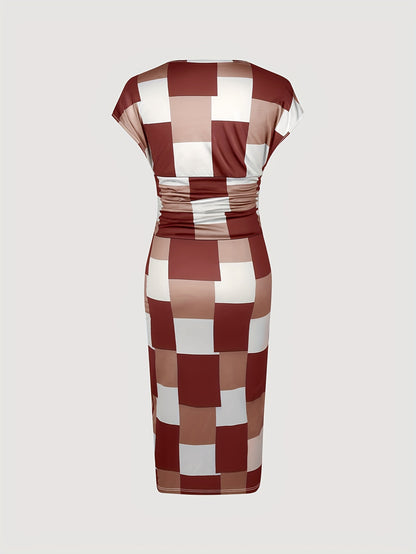 Patchwork Print V Neck Dress, Elegant Short Sleeve Dress For Spring & Summer, Women's Clothing