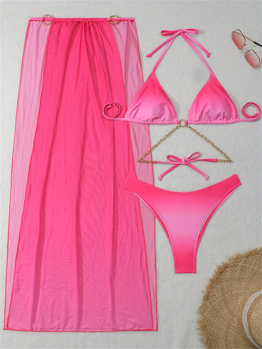 3pcs Sexy Gradient Tie-Dye Long Skirt Set with Removable Padding & Metal Ring Chain, Sheer Mesh Swimsuit for Women - Summer Beachwear, Pinkish-Red, Includes Bikini Top, Bottoms, and Accessories, Beach Clothe