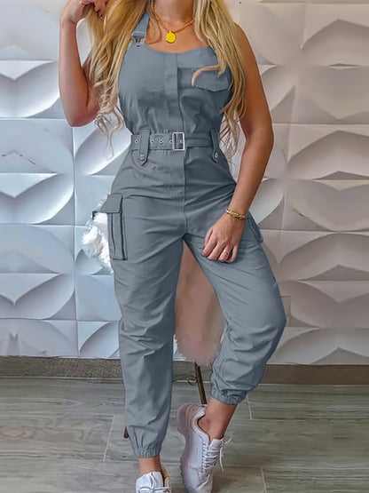 Solid Flap Pocket Cargo Jumpsuit, Casual Sleeveless Belted Flap Detail Jumpsuit, Women's Clothing