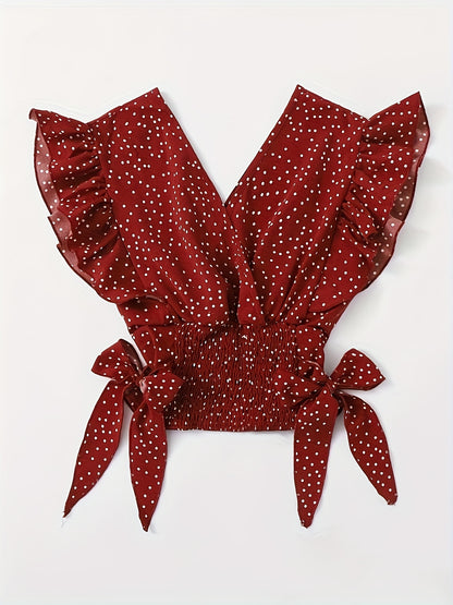 Vibrant Allover Print Blouse with Chic Bow Accent - Flattering Surplice Neck & Ruffled Waist - Womens Casual Fashion