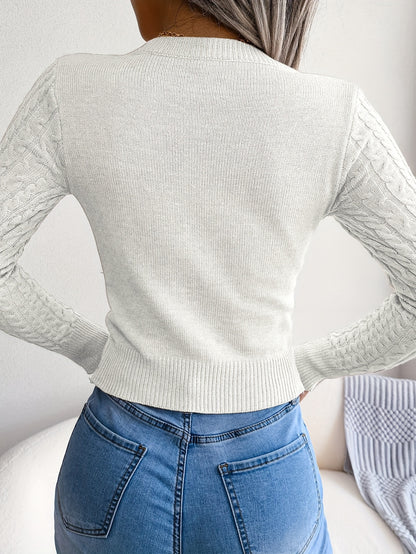Women'S Sexy Hollow-Out Knit Pullover Sweater, Long Sleeve Crew Neck, Skinny Fit, Acrylic Blend (Polyester 28%, Polyamide 22%, Viscose 28%), High Stretch Fabric, Solid Color, Spring/Fall Fashion Top