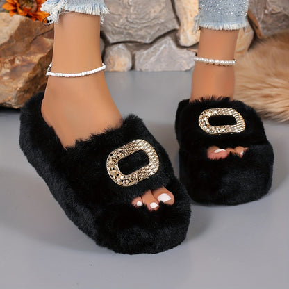 [Luxury Slip-On] Plush Faux Fur Women's Slip-On Slippers | Thick Cushioned Rubber Sole & Metallic Buckle Accents - All-Season Indoor/Outdoor House Shoes in Black, Beige, White, Brown, Comfort Footwear, Luxury Slipon, Soft Sli