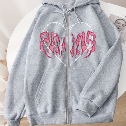 Heart Graphic Long Sleeve Zip Up Drawstring Hoodie, Stylish Pockets Loose Letter Print Sweatshirt, Women's Clothing