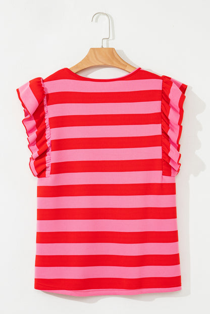 Red Stripe Flutter Sleeve Round Neck T Shirt