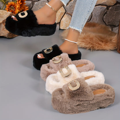 [Luxury Slip-On] Plush Faux Fur Women's Slip-On Slippers | Thick Cushioned Rubber Sole & Metallic Buckle Accents - All-Season Indoor/Outdoor House Shoes in Black, Beige, White, Brown, Comfort Footwear, Luxury Slipon, Soft Sli