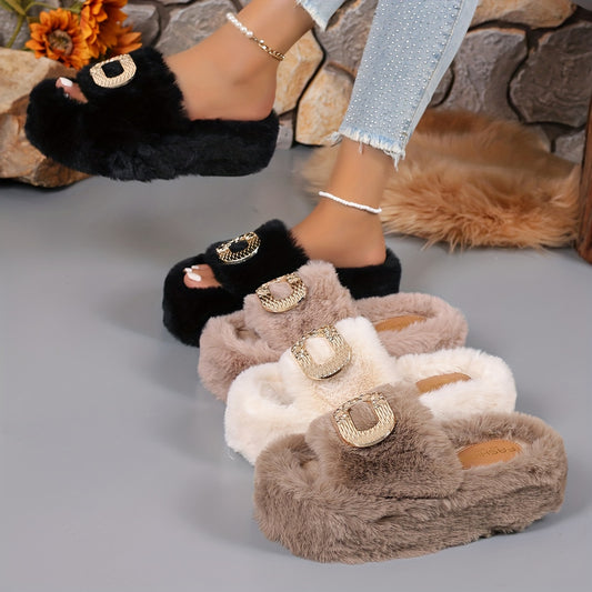 [Luxury Slip-On] Plush Faux Fur Women's Slip-On Slippers | Thick Cushioned Rubber Sole & Metallic Buckle Accents - All-Season Indoor/Outdoor House Shoes in Black, Beige, White, Brown, Comfort Footwear, Luxury Slipon, Soft Sli