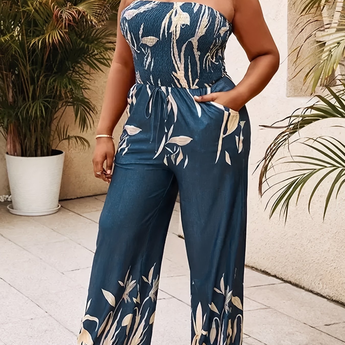 Vibrant Floral Print Bandeau Shirred Tube Jumpsuit - Comfy Vacation Essential with Tie Front Pockets for Spring & Summer - Womens Polyester Woven Casual Clothing with No Elasticity