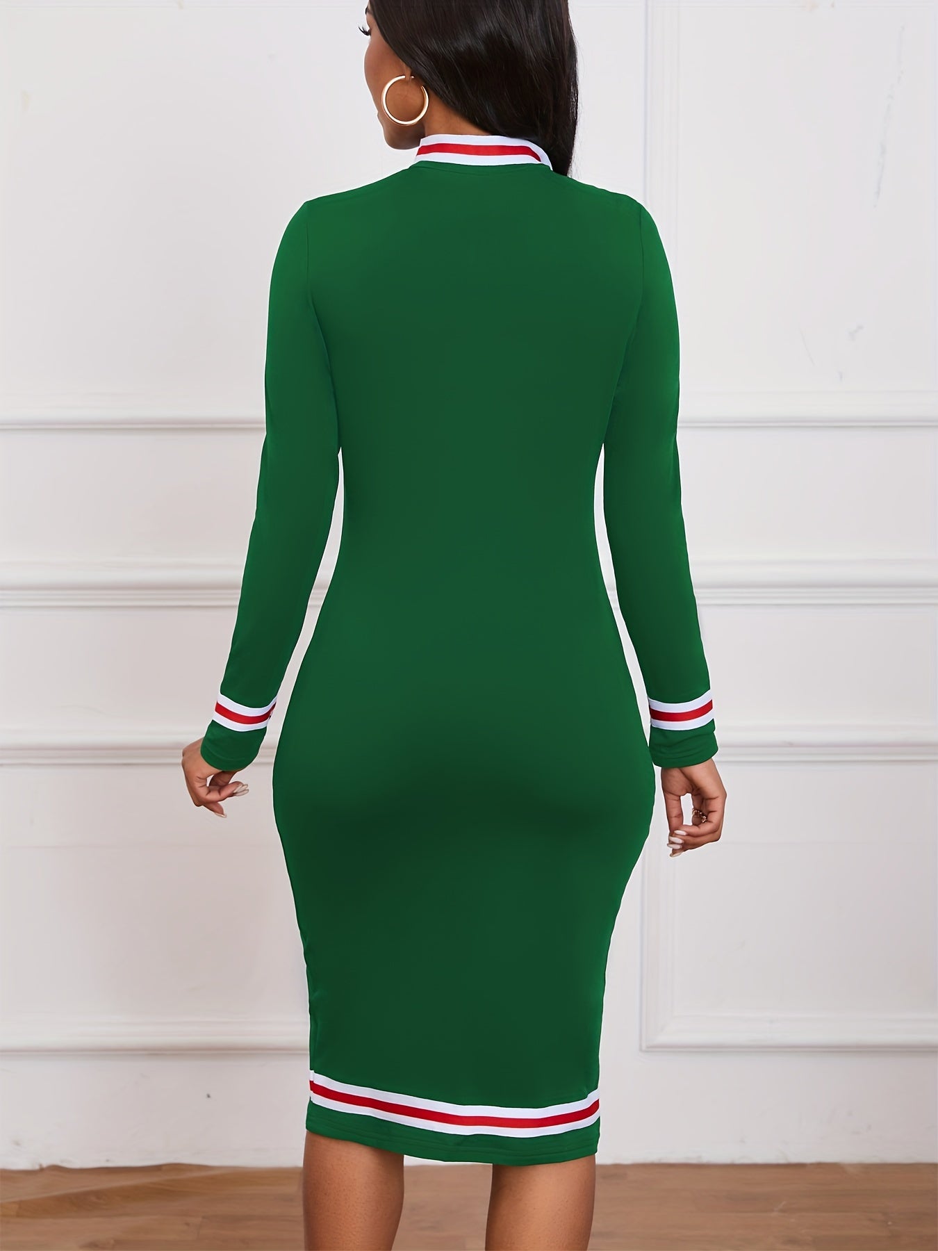 Zip Up Striped Print Dress, Casual Long Sleeve Bodycon Midi Dress, Women's Clothing