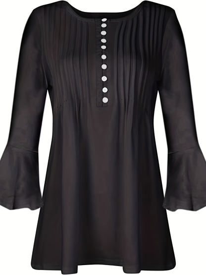 [Women's Casual Blouse] Lightweight Women's Casual Solid Color Blouse | Regular Fit Flat Henley Neck with Ruched Detail | Spring/Summer/Fall Fabric