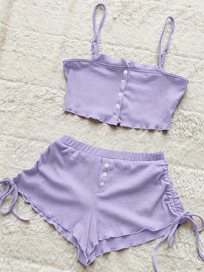 Simple Solid Print Lounge Set, Buttons Cami Top & Drawstring Shorts, Women's Loungewear & Sleepwear Koningsdag/King's Day