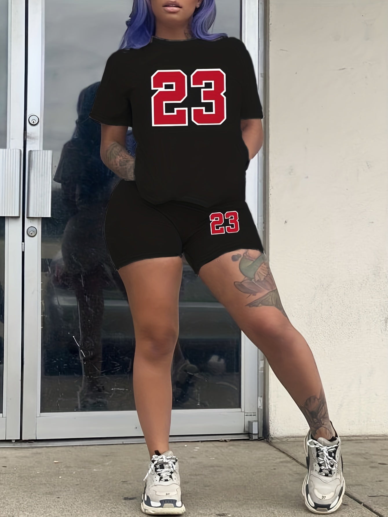 23 Number Print Two-Piece Outfit - Casual Short Sleeve T-Shirt & Biker Shorts Set - Comfortable, Relaxed Fit, Soft Fabric, Summer Essentials for Women