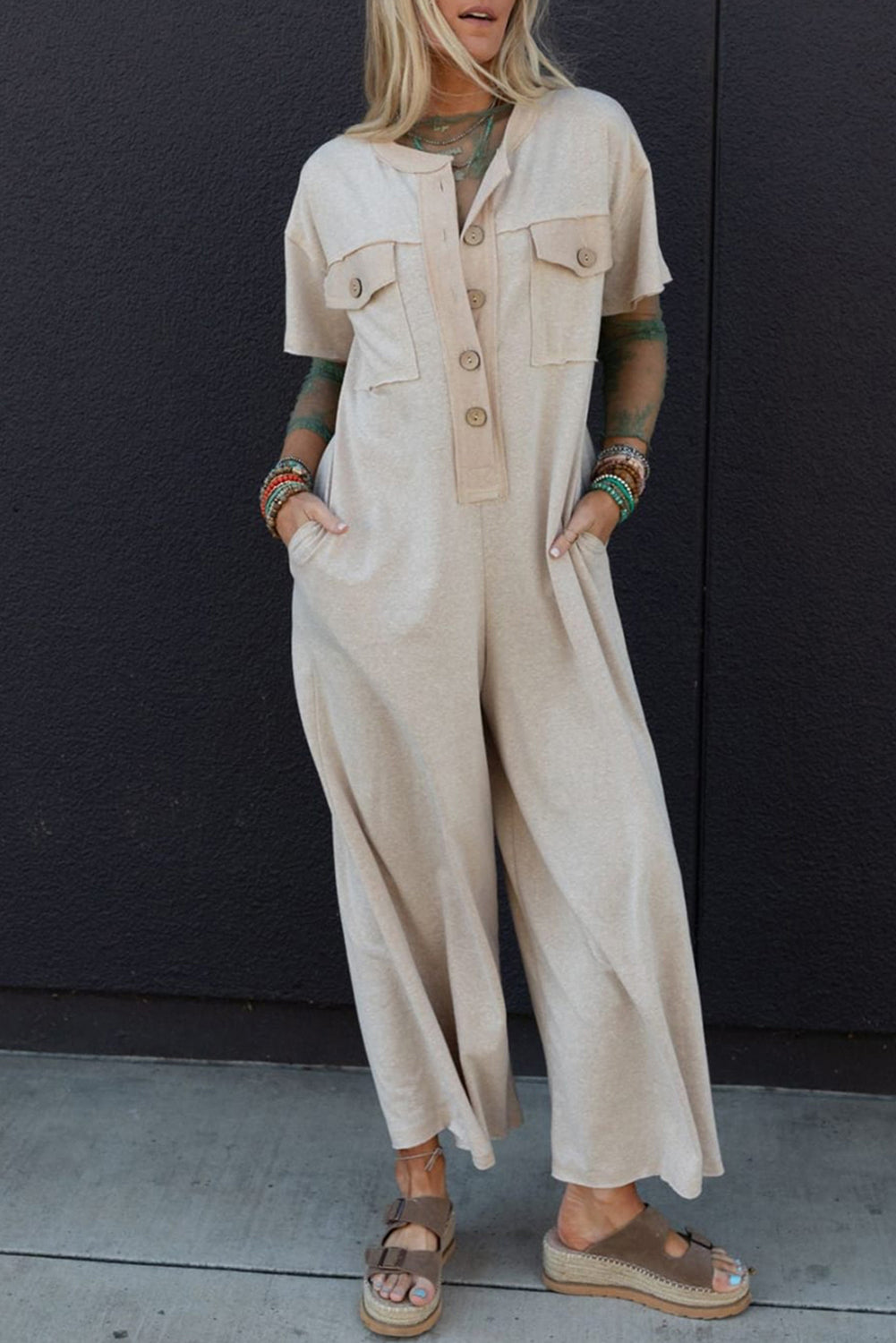 Beige Half Placket Chest Pockets Short Sleeve Wide Leg Jumpsuit