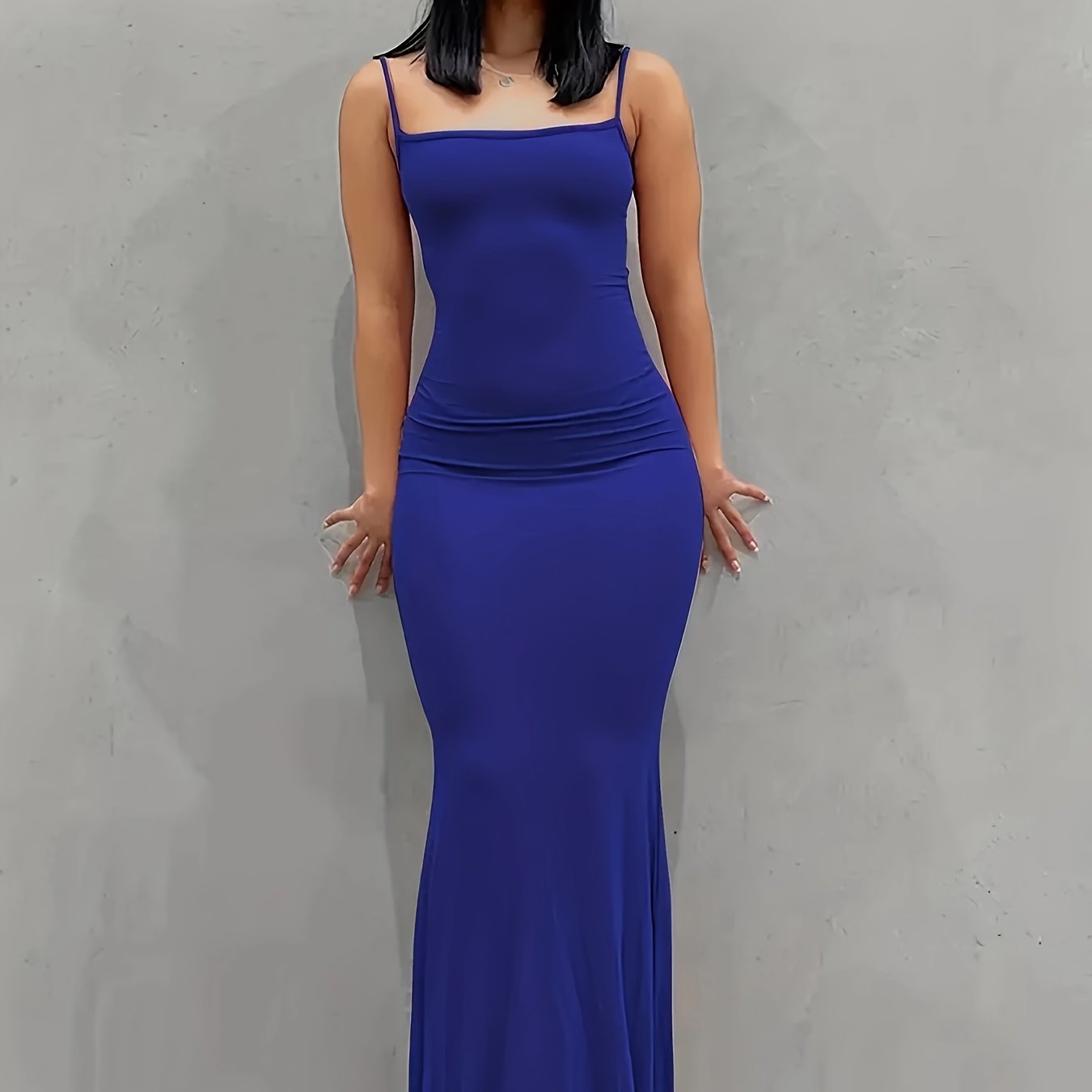 Elegant Solid Slip Lounge Dresses, Scoop Neck Bodycon Maxi Mermaid Dress, Women's Loungewear & Dresses