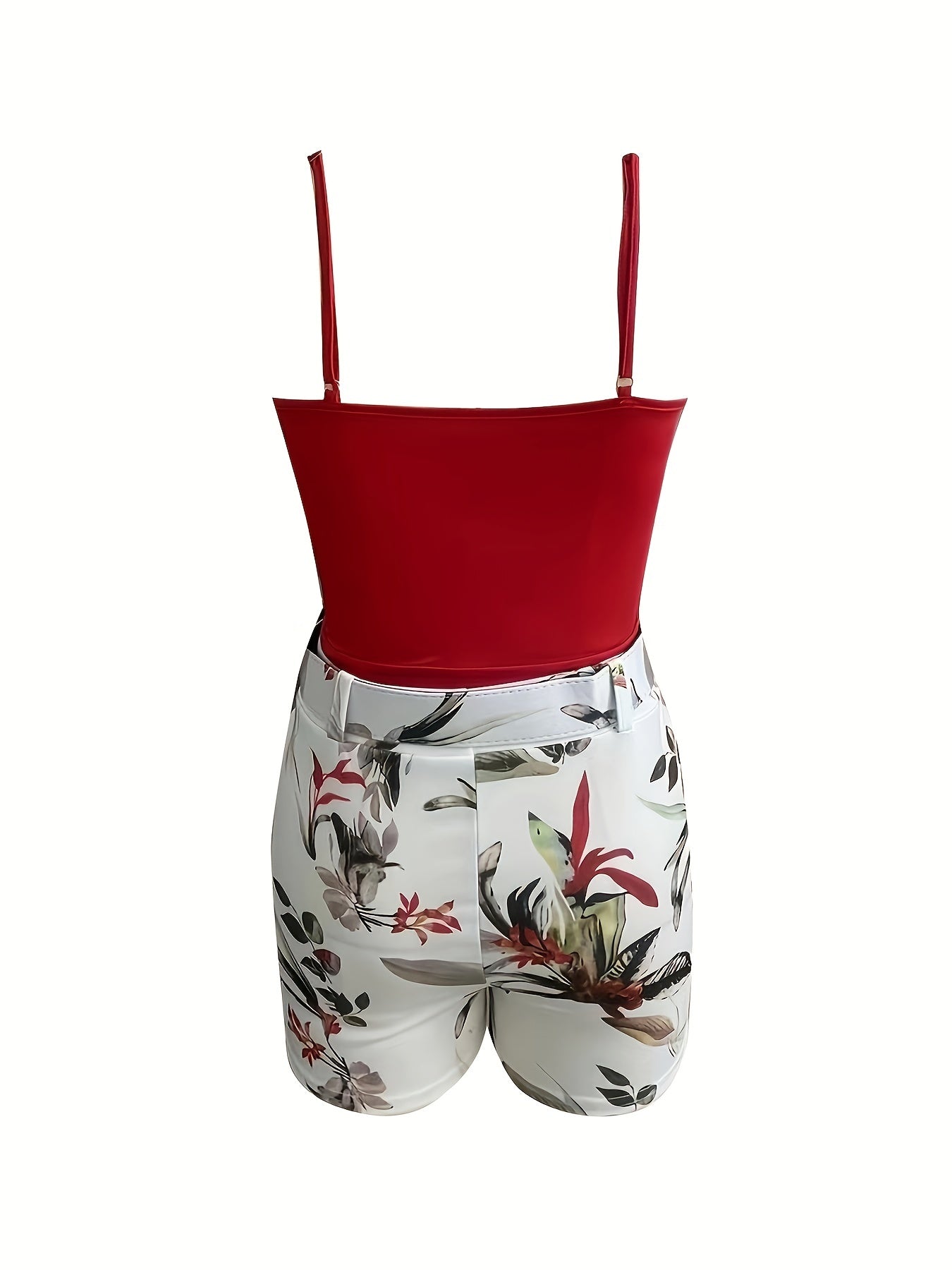 Chic Womens Floral Print Two-piece Outfit - Lightweight & Comfortable Casual Set with Surplice Cami Top & Belted Shorts for Spring & Summer