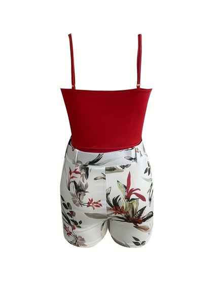 Chic Womens Floral Print Two-piece Outfit - Lightweight & Comfortable Casual Set with Surplice Cami Top & Belted Shorts for Spring & Summer