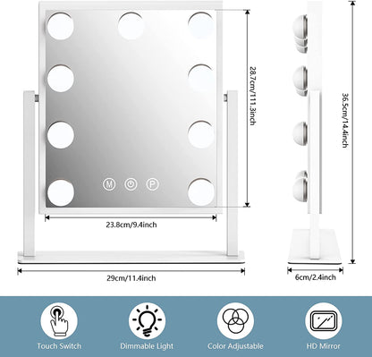 Makeup Mirror with Lights, Hollywood Makeup Mirror with 3 Color Modes and 9 Adjustable LED Bulbs, Zoom in 360° Rotation Touch Control