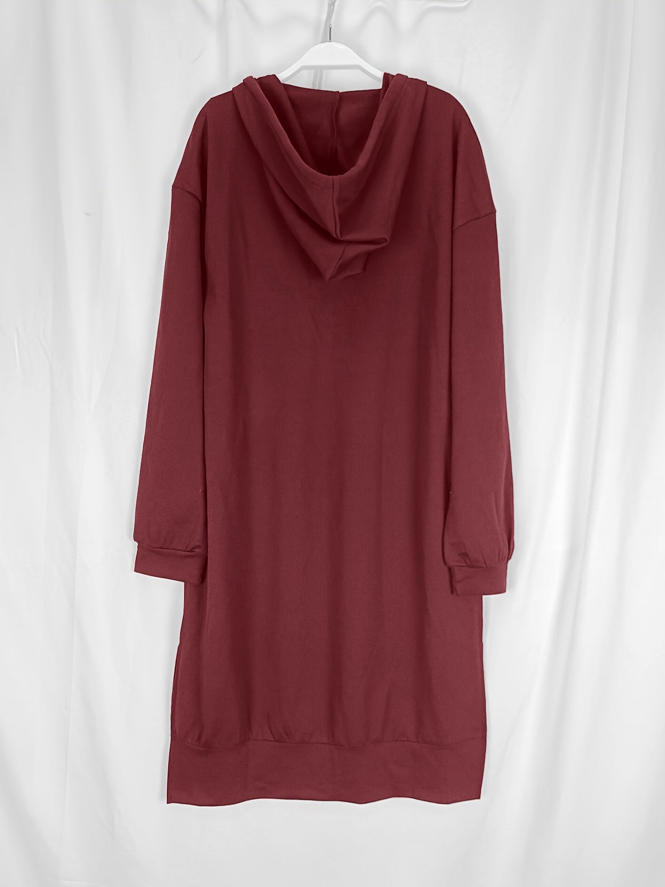 Solid Color Splited Hem Hooded Dress, Casual Long Sleeve Plunge Neck Dress For Fall & Wintern, Women's Clothing