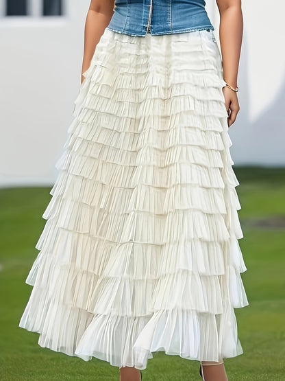 Multilayer Ruffles Tulle Skirt, Casual Fluffy Skirt For Spring & Summer, Women's Clothing