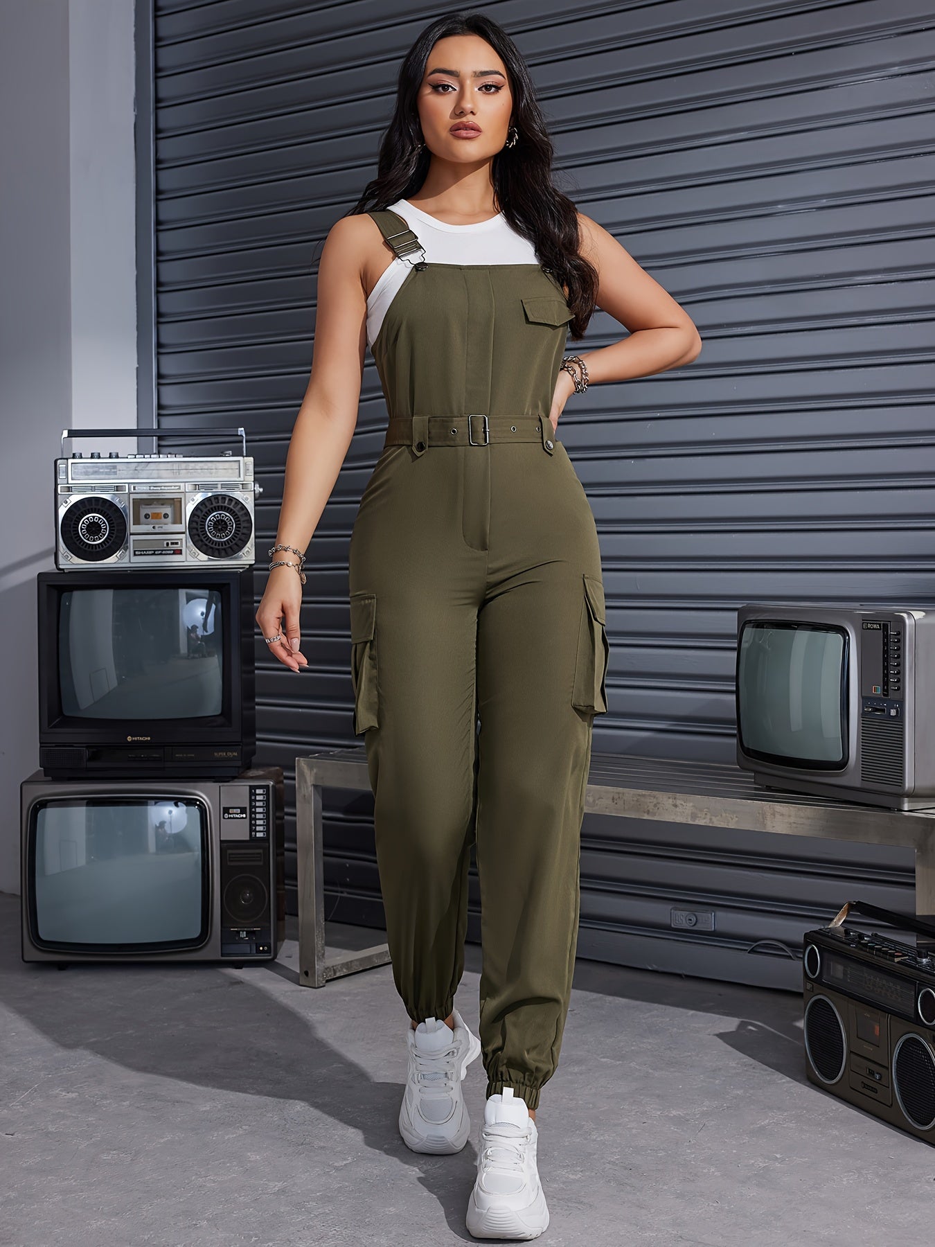 Solid Flap Pocket Belted Overall Jumpsuit, Casual Buckle Detail Loose Jumpsuit, Women's Clothing