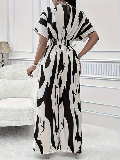Chic V-Neck Jumpsuit - Allover Print, Short Sleeve, Wide-Leg Design for Sophisticated Casual Wear