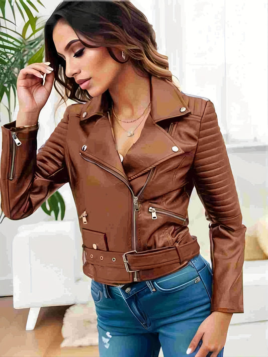 Solid Leather Biker Jacket, Streetwear Long Sleeve Zipper Outerwear, Women's Clothing
