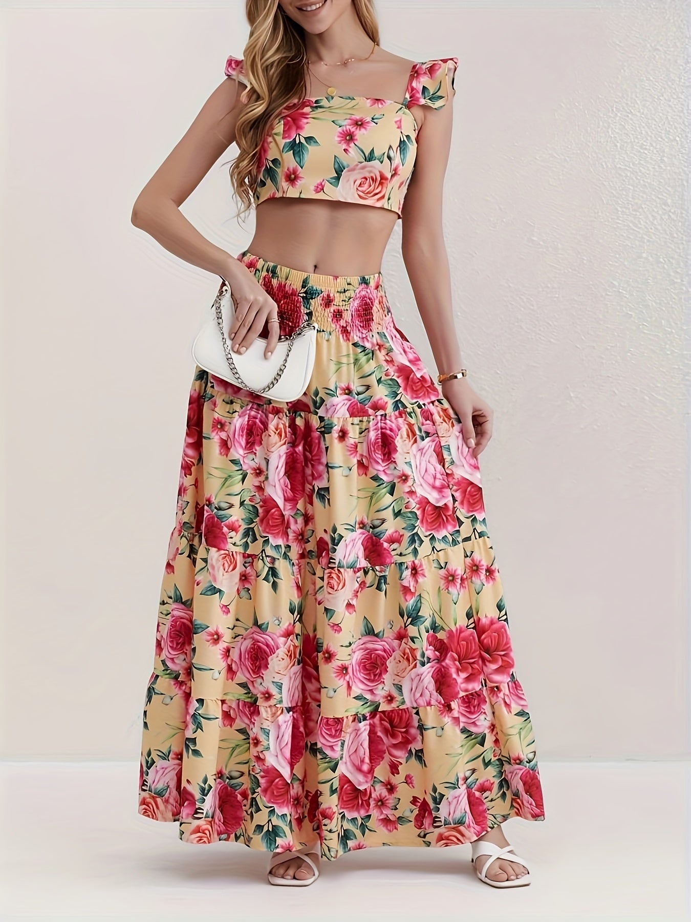 Vacation Style Floral Print Two-piece Set, Ruffle Trim Crop Top & High Waist Swing Skirt Outfits, Women's Clothing