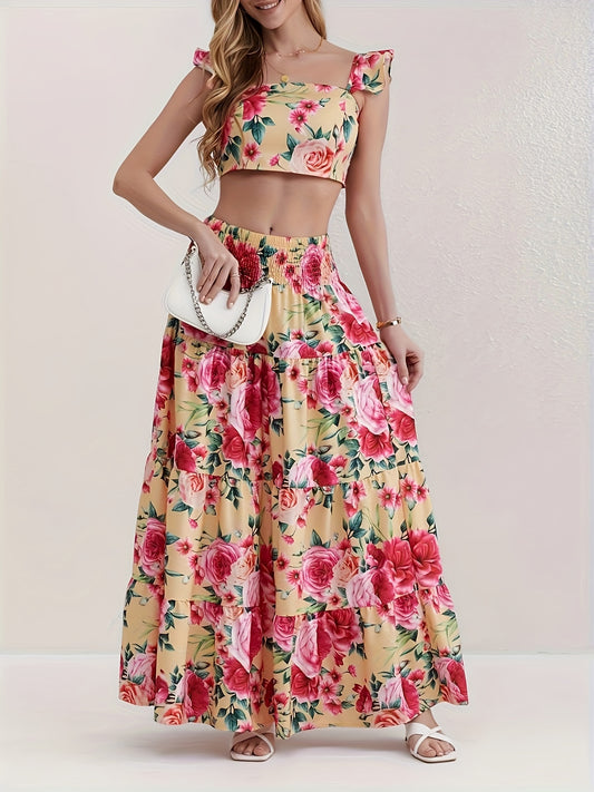 Vacation Style Floral Print Two-piece Set, Ruffle Trim Crop Top & High Waist Swing Skirt Outfits, Women's Clothing