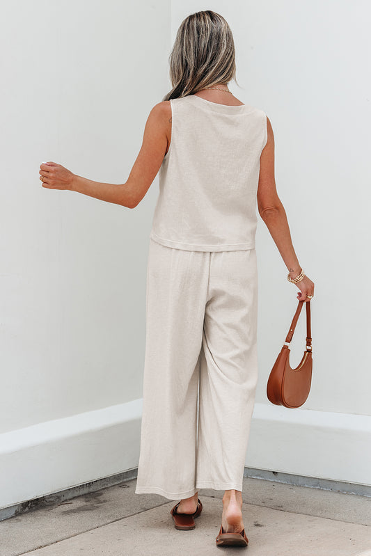 Apricot Buttoned V Neck Tank Top and Wide Leg Pants Casual Outfit