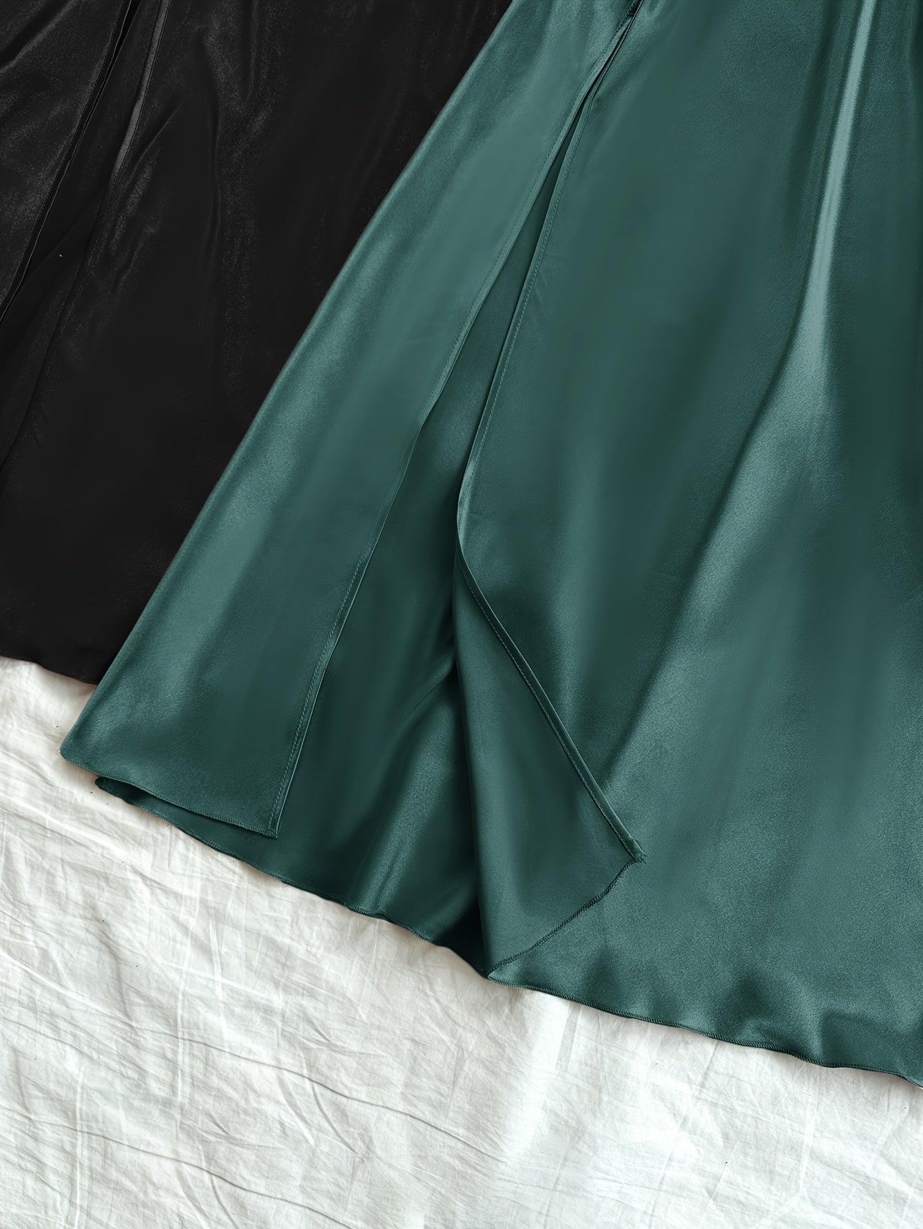 2 Pcs Women's Elegant Solid Satin Sleepwear Dress, Turtleneck Side Split Backless Midi Slip Dress, Comfortable Nightgown