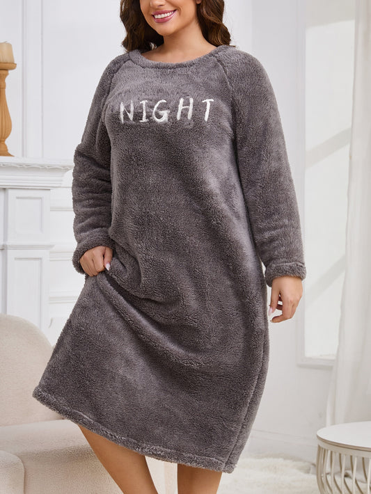 Plus Size Cozy Fleece Nightgown - Soft, Warm, Long Sleeve, Round Neck Sleep Dress with Embroidered Lettering for Winter Comfort - Perfect for Cold Weather, Relaxation, and Lounging