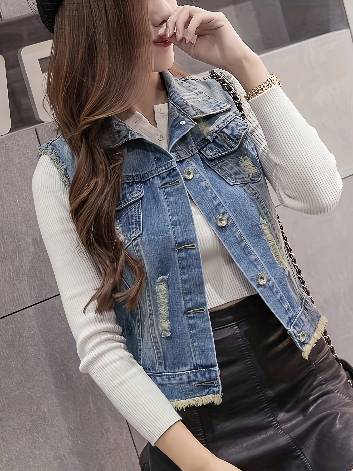 Ripped Raw Hem Distressed Denim Jacket, Plain Washed Blue Button Up Versatile Women's Vest Coat