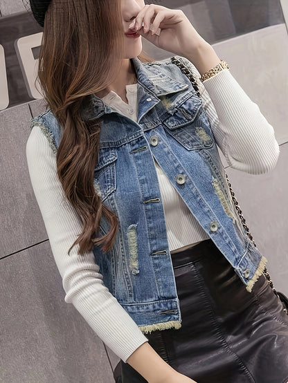 Ripped Raw Hem Distressed Denim Jacket, Plain Washed Blue Button Up Versatile Women's Vest Coat