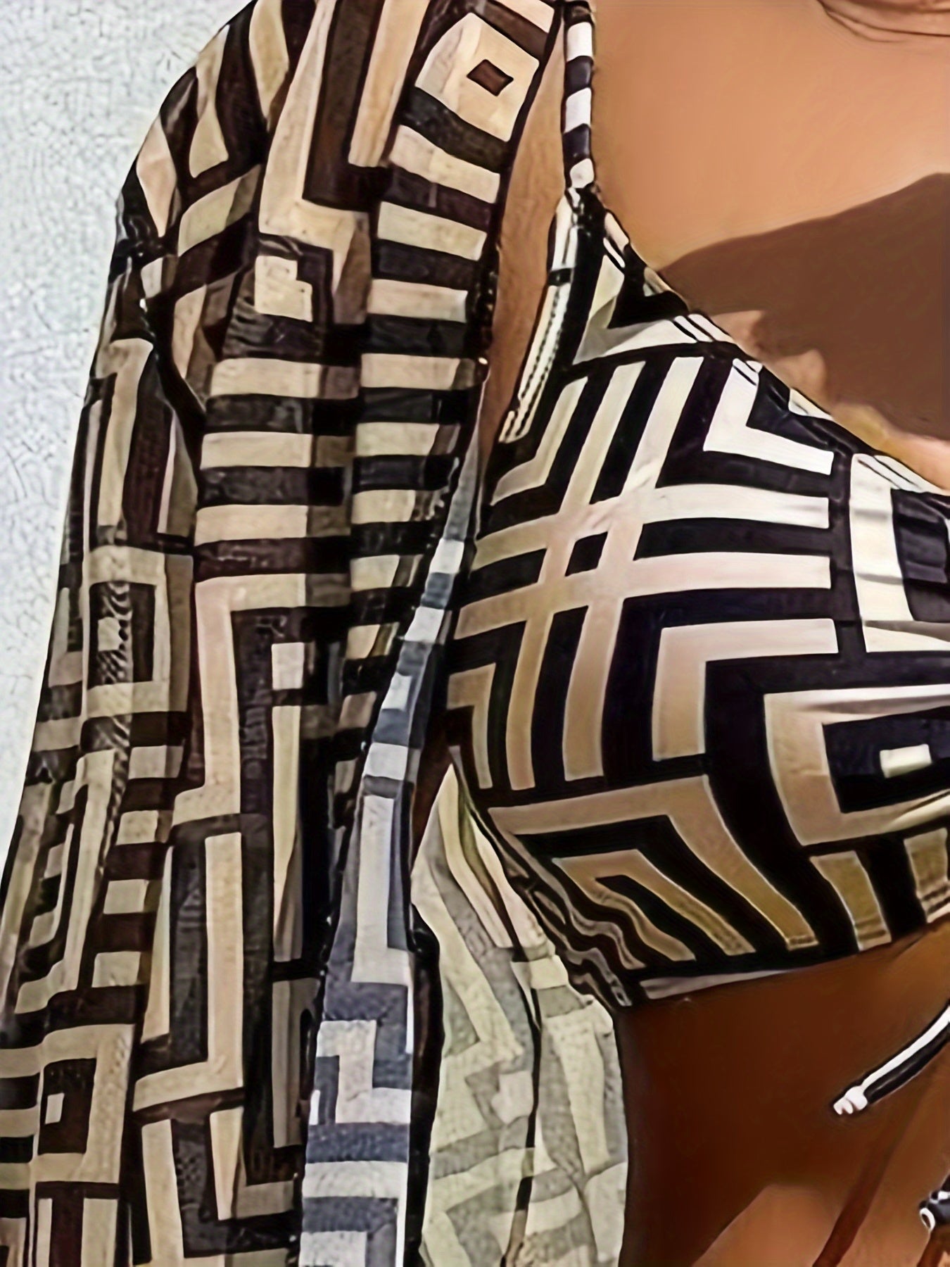 Women's Geometric Print Three-Piece Swimsuit Set with Long Sleeve Beach Cover-Up, Polyester Knit Fabric with Elastane, Medium Stretch, Chic Bikini Set for Swimming and Beachwear