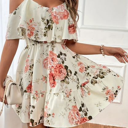 Floral Print Cold Shoulder Dress, Casual Ruffle Trim Dress For Spring & Summer, Women's Clothing