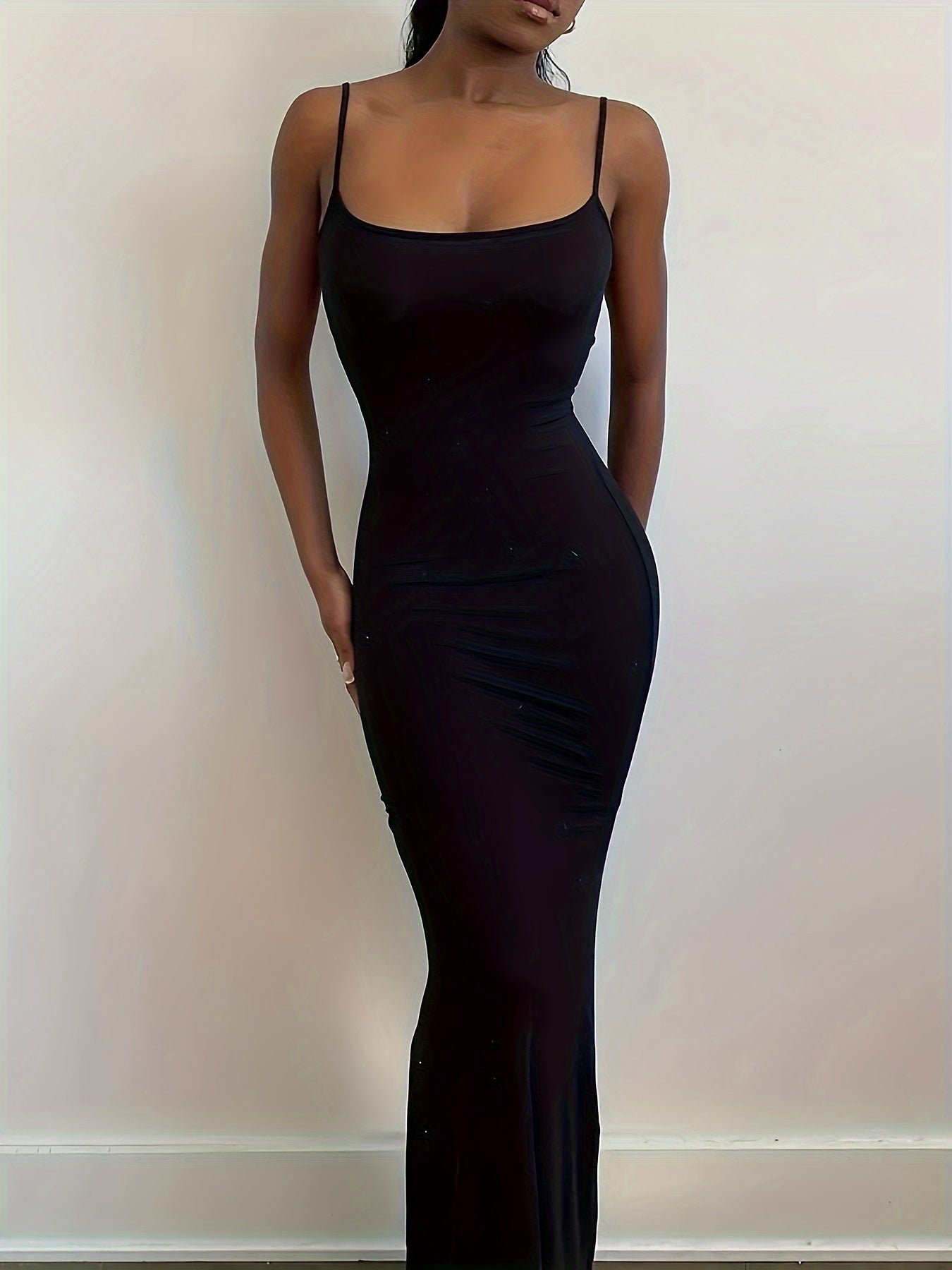 Elegant Solid Slip Lounge Dresses, Scoop Neck Bodycon Maxi Mermaid Dress, Women's Loungewear & Dresses