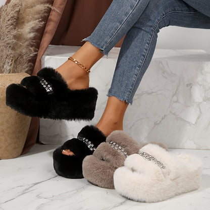 [Sparkling Rhinestone Slippers] Plush Faux Fur Sparkling Rhinestone-Decorated Slippers | Women's Slip-On with Thick Cushioned Rubber Sole & Sloped Heel | All-Season Indoor House Shoes for Warmth & Comfort (Black/Grey/White)