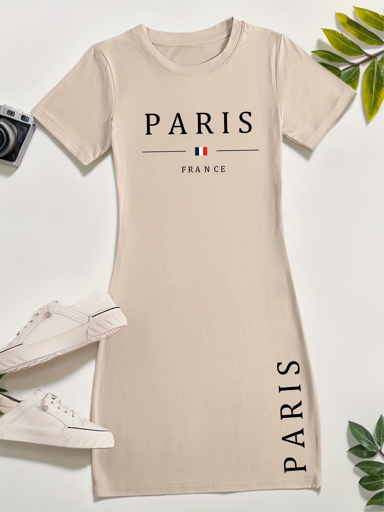 Ladies' New Spring And Summer Casual T-Shirt Dress Featuring The Words 'PARIS' And 'FRANCE' Along with a Print of The French Flag. This Short-Sleeved Dress Is Perfect for Casual Outings, Sleepwear, Loungewear, And Makes a Gre