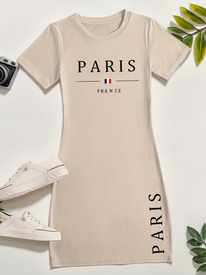 Ladies' New Spring And Summer Casual T-Shirt Dress Featuring The Words 'PARIS' And 'FRANCE' Along with a Print of The French Flag. This Short-Sleeved Dress Is Perfect for Casual Outings, Sleepwear, Loungewear, And Makes a Gre