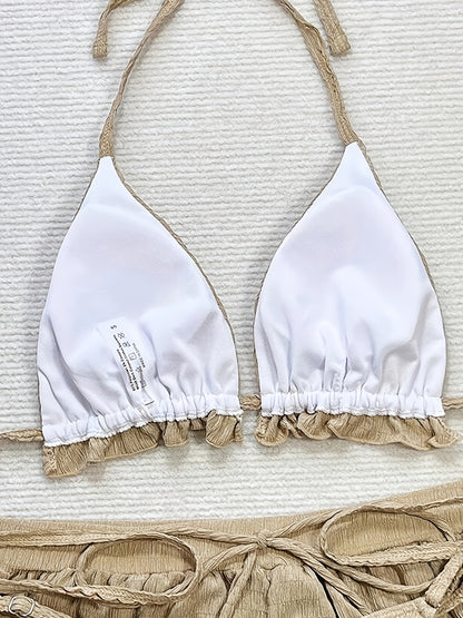 [Elegant | Beige] 3pcs Beige Elegant Bikini Set | High-Waisted Bottoms & Ruffled Halter Top | Includes Sheer Cover-Up Shorts - Women's Swimwear with Floral Embroidery