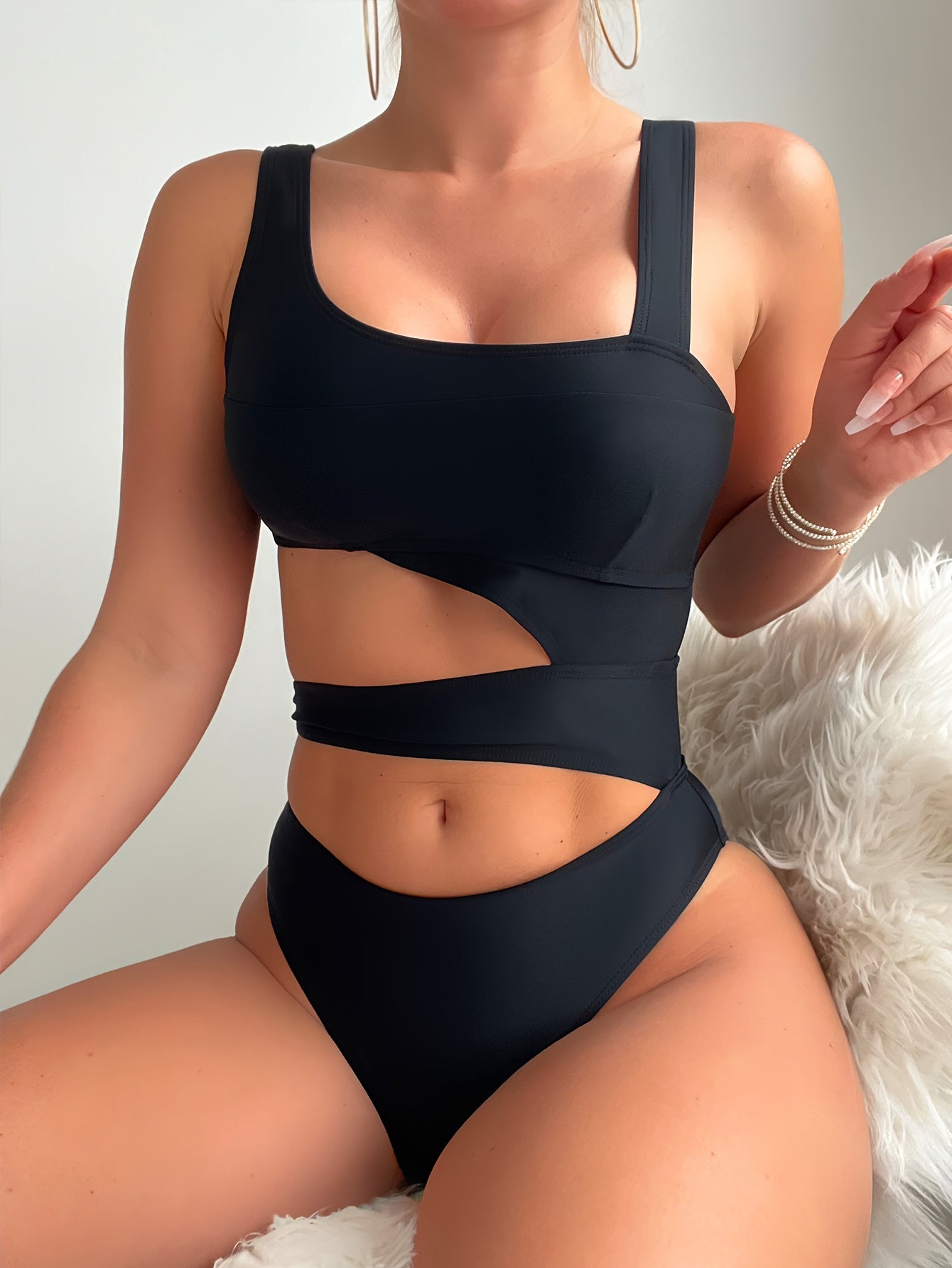 Plain Black Cut Out One-piece Swimsuit, Asymmetric High Stretch Monokini Bathing Suits, Women's Swimwear & Clothing