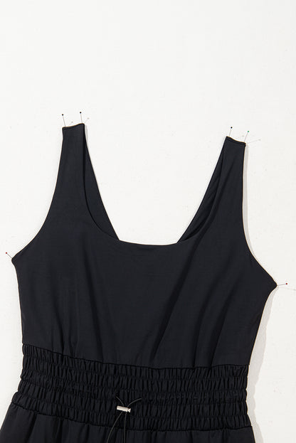 Black Plain Sleeveless Loop Drawstring Cinched Waist Romper
